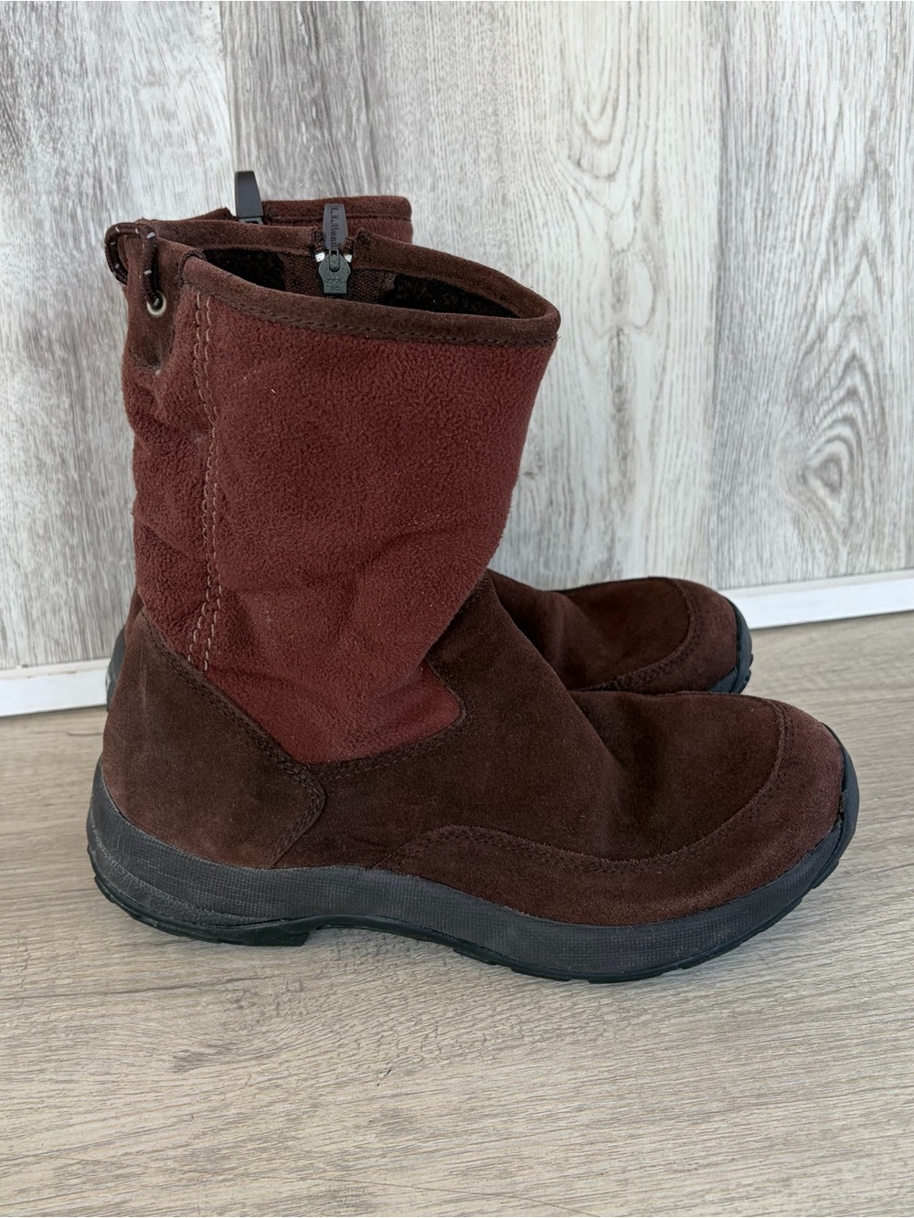 L.L.Bean Suede Fur Lined Boots Women 8.5  Brown Comfy Cabin Fleece Winter Hiking